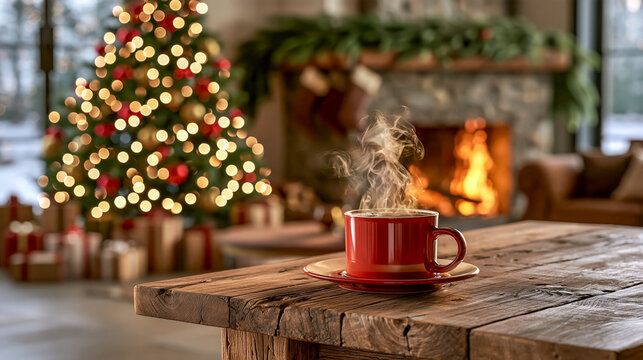 Warm Coffee on a Wooden Table With a Christmas Tree and Fireplace in a Cozy Room