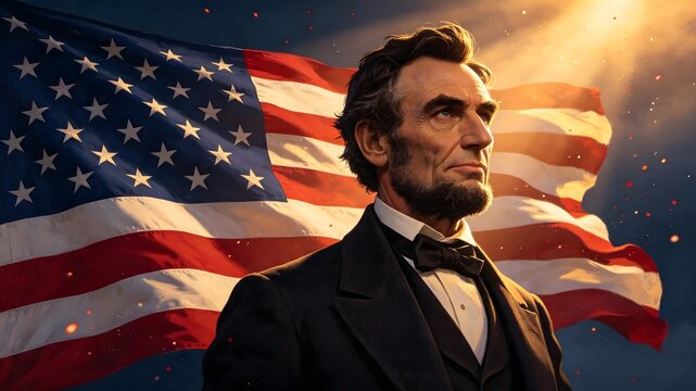 Abraham Lincoln Heroic Portrait with Waving American Flag at Sunset