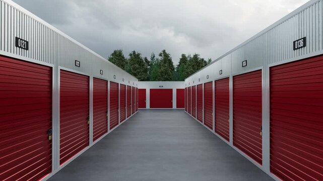 Realistic 3D Rendering Animation Moving Forward Between Two Rows of Outdoor Self Storage Facility Units with White Metal Corrugated Walls and Red Roll-Up Doors Under an Overcast Sky