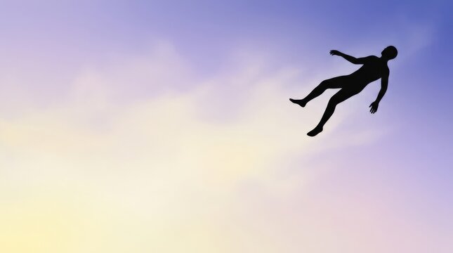 Falling or floating human silhouette entering the frame from the upper right, limbs hanging loosely in weightless motion, conceptual freedom artwork against a dreamy lavender-blue, cream and pale