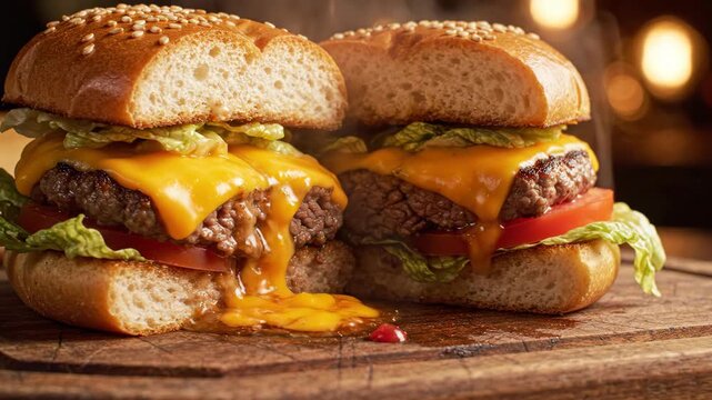 Two mouth-watering cheeseburgers with melted cheese, fresh lettuce, and tomato on a wooden board.