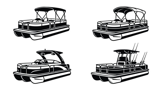 Pontoon boat vector graphic illustration collection showing various modern watercraft models in black