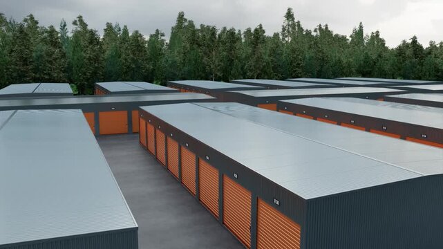 Realistic 3D Rendering Animation Moving Past Rows of Outdoor Self Storage Facility Units with Dark Metal Walls and Orange Roll-Up Doors Under an Overcast Sky