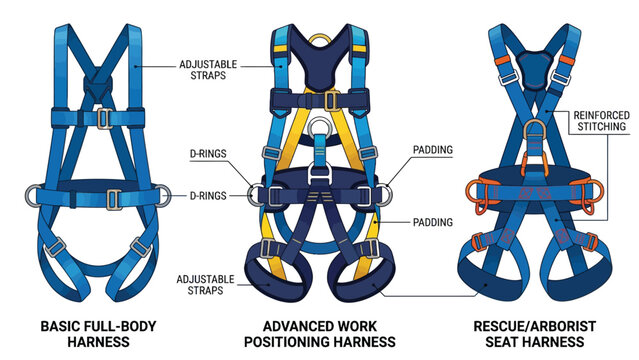 Detailed vector graphic illustration showing different types of safety harnesses with labels and descriptions