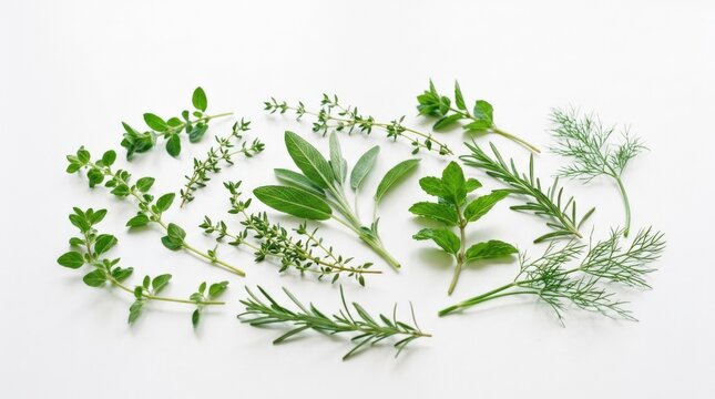 Fresh green herb stems and delicate leaves arranged against a clean white background, minimalist botanical photography, soft sage and emerald palette, high-key natural light, airy organic composition,