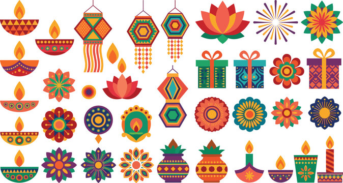 Colorful Diwali Decorative Elements Set with Diyas, Lanterns, Flowers, Gifts, Garlands, Fireworks and Traditional Indian Celebration Symbols