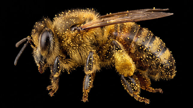 Conceptual digital art render of a honeybee covered in golden pollen grains on black background
