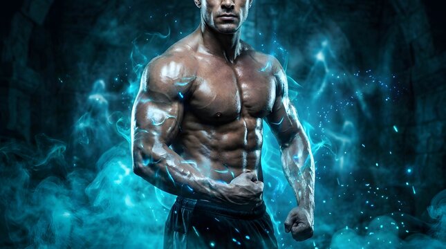 Powerful muscular man with detailed tattoos stands in a dramatic blue and teal light showcasing strength and intensity