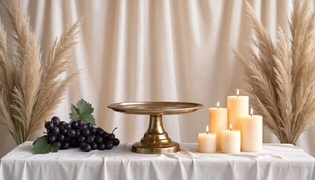 Elegant festive centerpiece display with empty brass cake stand, burning candles, and fresh grapes on a linen tablecloth