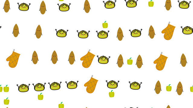 Cute food pattern with almonds, dumplings, peppers and oven mitts
