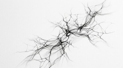 Fototapeta premium Delicate black ink wisps expanding across a white background like smoke, cracked glass or abstract neural connections, minimalist monochrome fine-art composition, airy translucent lines, organic