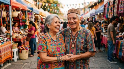 Obraz premium Smiling elderly couple wearing richly patterned colorful clothing and handmade accessories at a festive outdoor market, authentic lifestyle portrait photography, vivid orange, turquoise, pink and