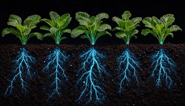Conceptual illustration of green leafy plants with glowing bio-luminescent root systems growing in dark fertile soil