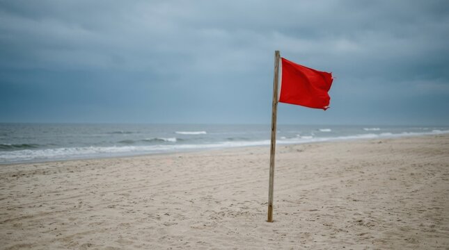 Bright red warning flag standing alone on a pale sandy beach beneath an overcast blue-gray sky, minimalist coastal photography, strong red accent, muted sea and sand palette, spacious composition,