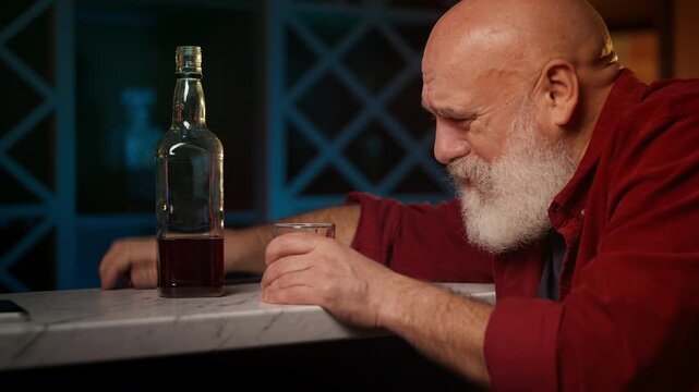 Upset bearded man in his 50s pours liquor into glass, coping with depression