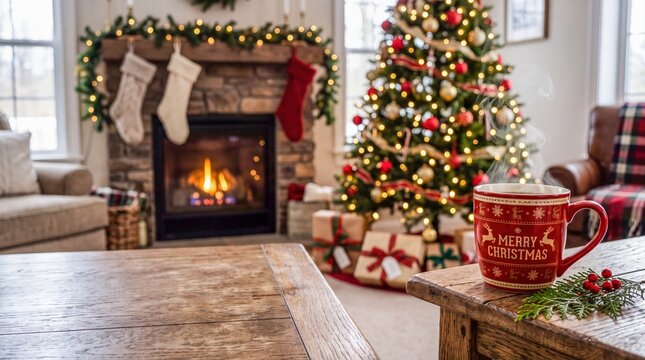 Cozy Indoor Scene With Christmas Decorations and a Warm Drink by the Fireplace