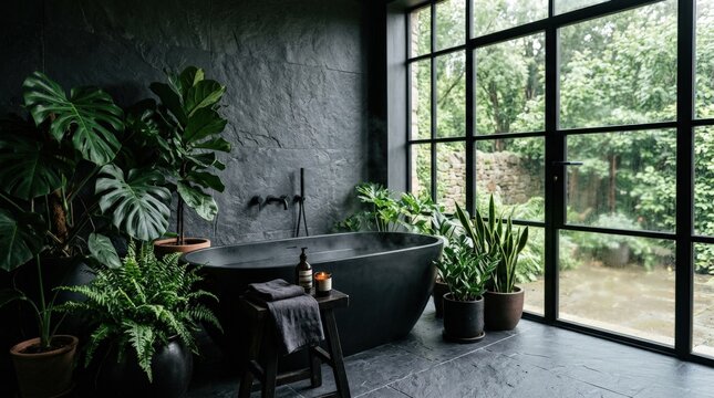 Dark minimalist bathroom with a black soaking tub beside lush plants and a tall industrial window, premium interior photography, charcoal stone, deep green foliage, soft daylight, natural textures and