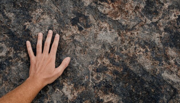 A person's hand reaching out and touching the rough, textured surface of a large natural dark rock in the wilderness