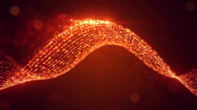 Red glowing wave ripples across a dark background, created from countless small bright particles in a rhythmic pattern.