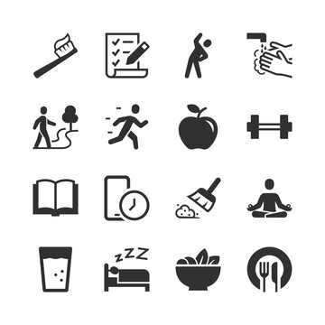 Healthy habits and daily wellness, monochrome icons set. Personal hygiene, regular exercise, healthy nutrition, quality sleep, reading, meditation, outdoor activity. Black and white symbols