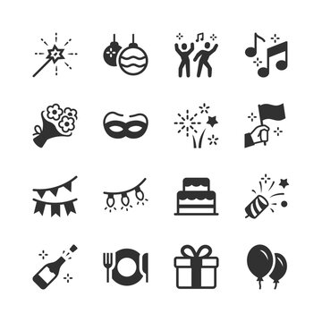 Holiday and festive celebration, monochrome icons set. Party decoration, gift giving, music and dance, fireworks, birthday cake, balloons, festive dinner and entertainment. Black and white symbols
