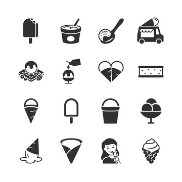 Ice cream and frozen dessert, monochrome icons set. Popsicle, sundae and gelato, sweet frozen treat, dessert shop, street food, summer refreshment and dairy product. Black and white symbols