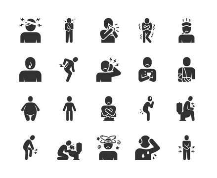 Pain, illness and disease symptoms, monochrome icons set. Physical pain, injury and sickness, headache, fever, joint and abdominal pain, digestive disorder, weakness. Black and white symbols style.