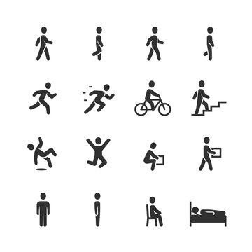 Human movement and body positions, monochrome icons set. Walking, running, cycling, sitting and standing person, stair climbing, jumping, carrying objects. Black and white symbols