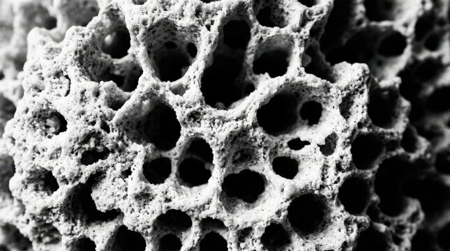 Porous white cellular structure surrounding irregular deep-black cavities, extreme macro material study, organic biomorphic geometry resembling coral or foam, crisp monochrome palette, coarse granular
