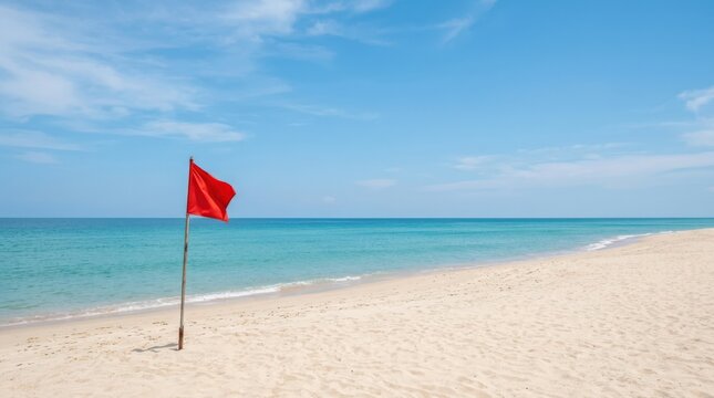Single red warning flag on an empty sandy beach beside calm turquoise sea, minimalist coastal photography, bright blue sky, pale beige sand, strong red accent, generous copy space and serene summer