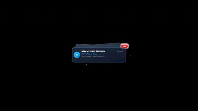 Dynamic 6-second animation featuring layered email cards sliding in with spring physics, a jumping +99 inbox counter badge, and English notification preview text on a transparent background.