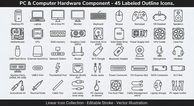 PC and Computer Hardware Component Outline Icon Set Featuring Monitor, CPU, RAM, Motherboard, Hard Drive, Keyboard, Mouse, Router, Printer, Webcam, Cable, USB, Server, Graphics Card, and Technology Sy