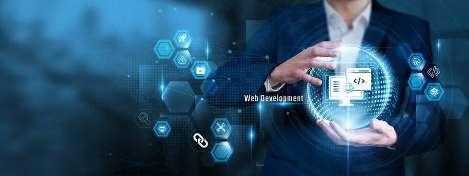 Businessman Hand Hold Web Development and global Programming Code Interface, Digital Software Engineering, HTML Website Architecture, Full Stack System, Responsive UX UI Design