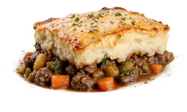 Shepherd pie casserole cottage pie portion with minced meat and mashed potatoes isolated on a transparent background