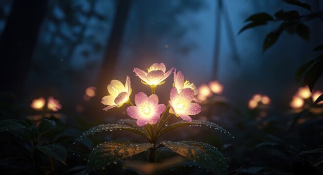 Glowing Flowers in a Dark Forest with Mysterious Light and Shadows.