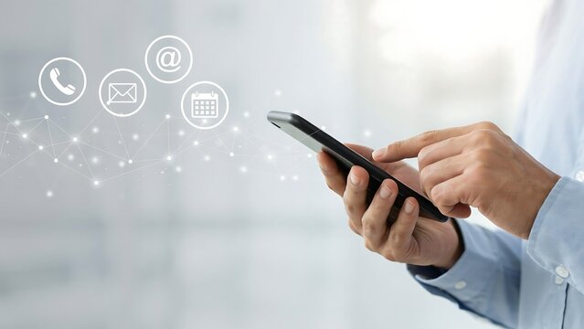 Man's hands holding smartphone with communication icons in soft light for business connection concept