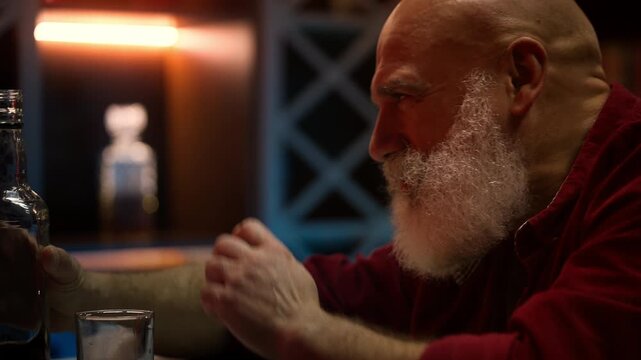 Sad bearded man in his 50s pours alcohol into glass, coping with depression