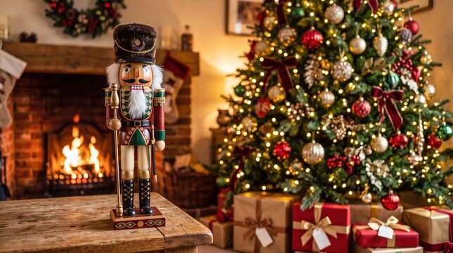 Nutcracker Figure Stands Near a Decorated Christmas Tree in a Cozy Living Room