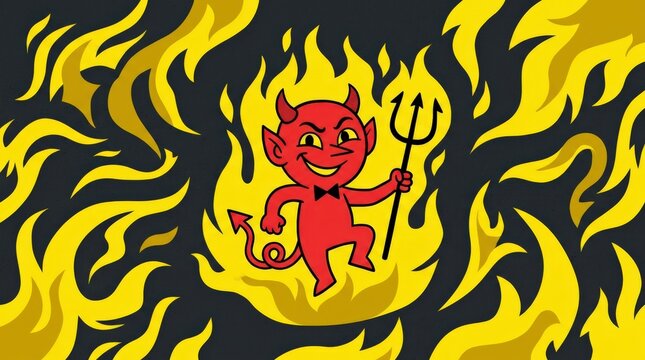 Playful red cartoon devil holding a pitchfork while surrounded by stylized yellow flames, bold flat illustration on dark charcoal background, simple geometric shapes, humorous mischievous expression,