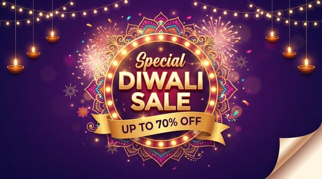 Special Diwali Sale Banner with Up to 70 Percent Off Golden Ribbon and Marquee Frame