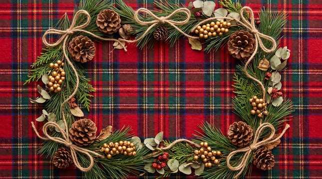 Christmas wreath frame with pine cones and gold berries on tartan