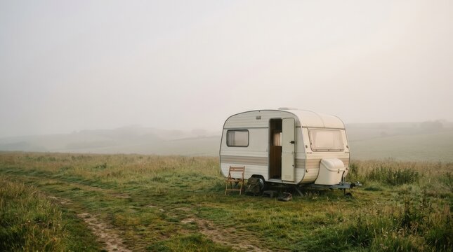 Small vintage caravan parked alone in a pale foggy field, cinematic travel photography, cream and muted beige trailer, low horizon, soft gray haze, restrained retro color grading, van life, road