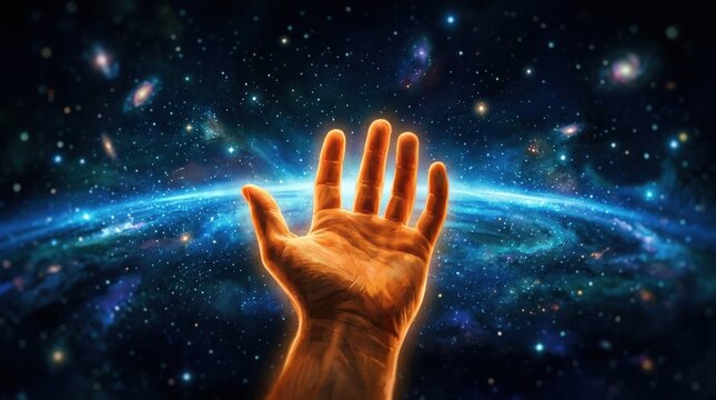 Glowing human hand reaching into a star-filled cosmic landscape, surreal science-fiction digital art, warm orange skin contrasted with deep black space, luminous blue galactic horizon and tiny stars,