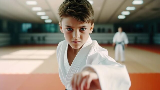 Serious Boy in White Karate Gi Delivering a Punch in a Martial Arts Dojo