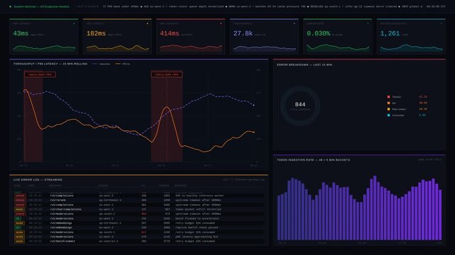 An ultra-detailed AI inference monitoring dashboard illustrating latency, throughput, tokens, and errors with vibrant metrics and animated charts on a dark background.
