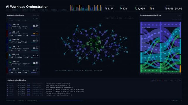 A sophisticated AI workload orchestration dashboard visualizing GPU infrastructure with dynamic graphs, job queues, resource allocation, and real-time logging features.