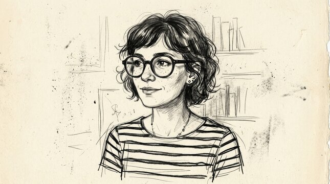 Hand-drawn portrait of a woman with short wavy hair, large glasses and striped shirt, black pencil and charcoal on warm cream paper, loose expressive linework, slightly whimsical proportions, indie