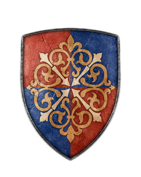 Colorful medieval decorated shield isolated on white background