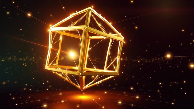 Golden tesseract floats above dark surface. Lines connect points creating illusion of fourth dimension. Bright light emanates from center.