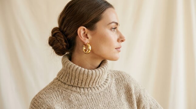 Woman in a thick oatmeal turtleneck shown in clean side profile, hair gathered into a low bun and statement gold earrings catching warm light, cream studio background, beige, ivory and gold palette,